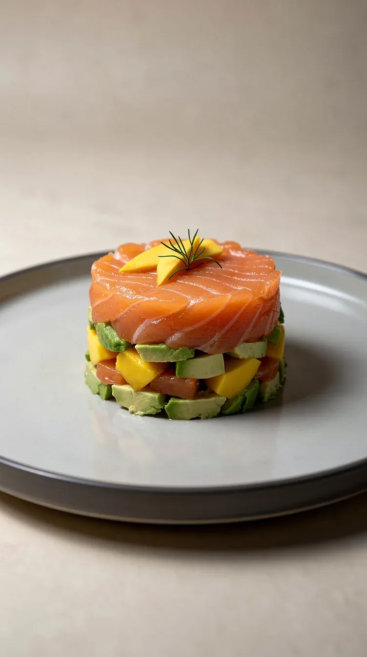 Timbal de Salmón Ahumado, Aguacate y Mango