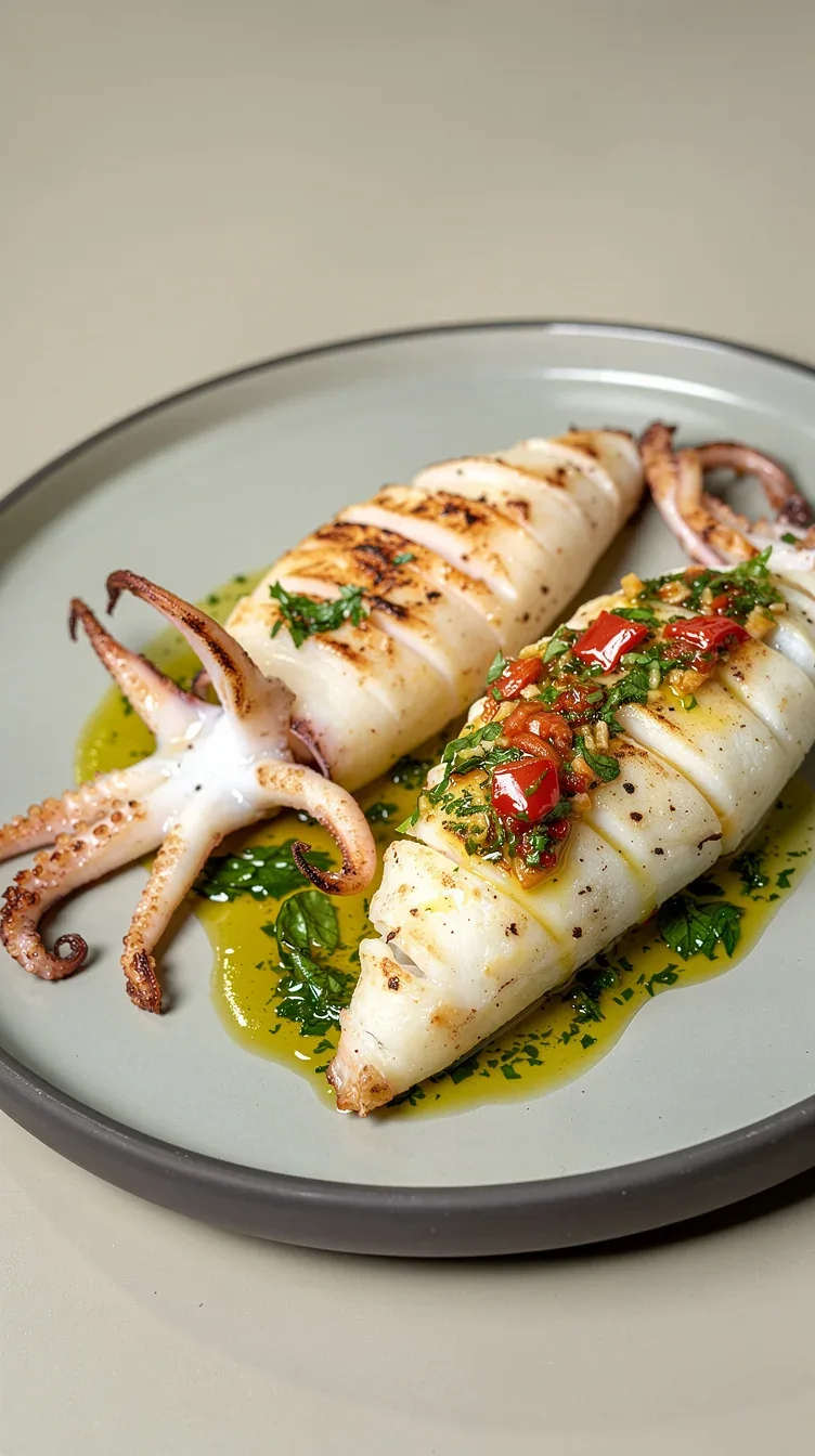 Calamares a la plancha con salsa de ajo y perejil